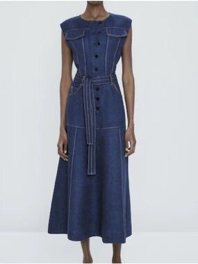 Massimo Dutti Sleeveless Blue Denim Linen Midi Dress Size L